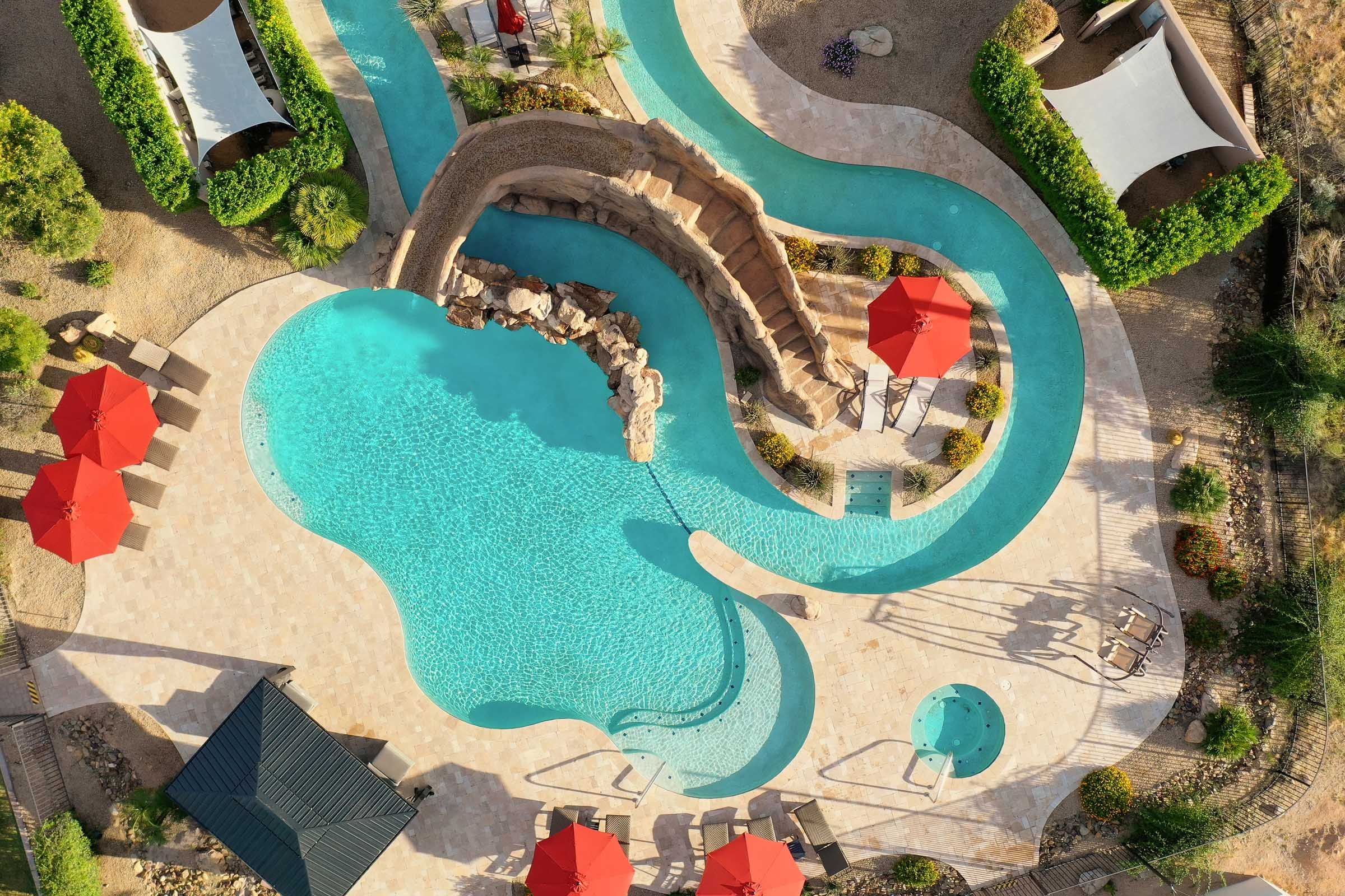 Drone aerial photography. 1 point perspective of pool and lazy river at HÓZHÓ Scottsdale.